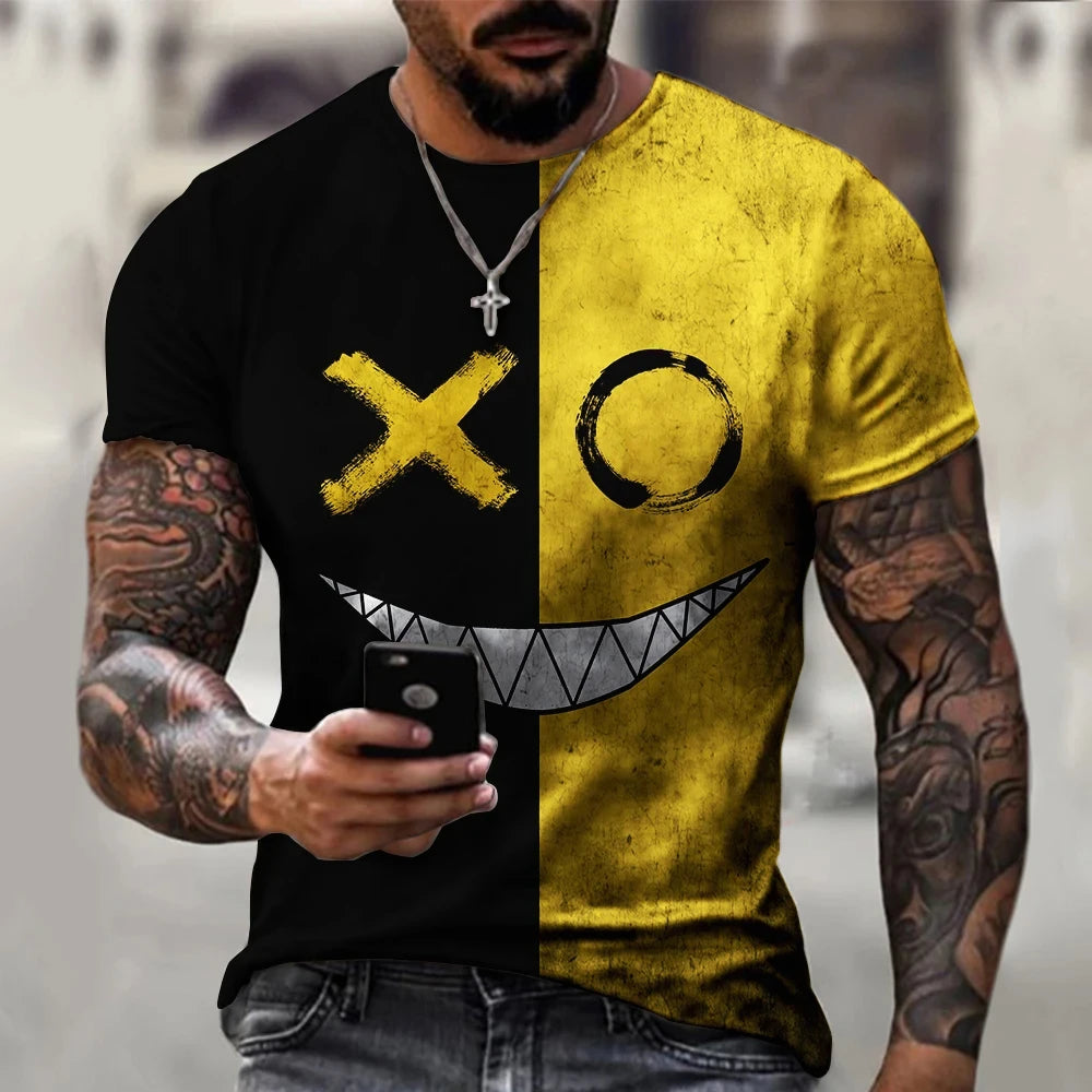 Camiseta de gran tamaño para hombre, pantalón corto informal de manga Hip Hop con estampado de cara sonriente, camiseta de talla grande, Jersey, camiseta para hombre 2024