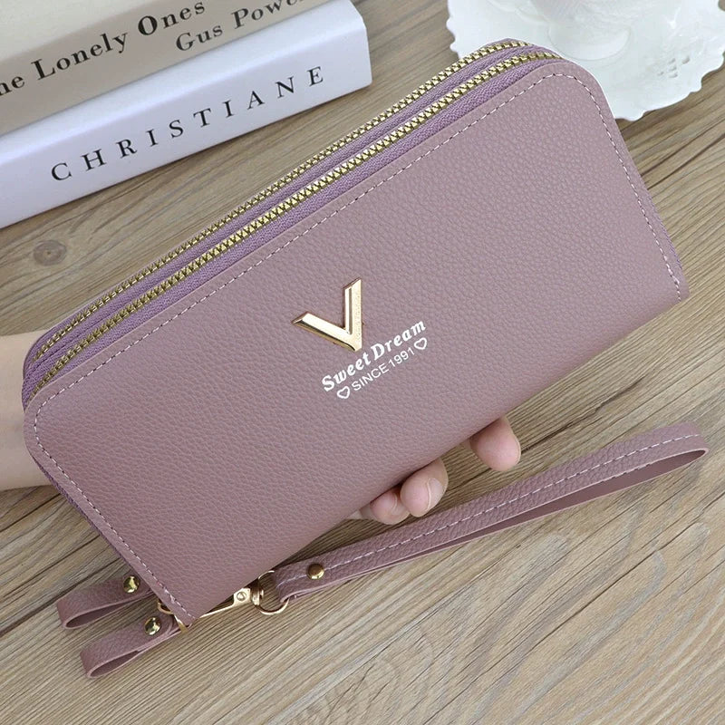 Cartera larga con doble cremallera para mujer, tarjetero de gran capacidad de cuero PU, bolso de mano con bolsillo para teléfono