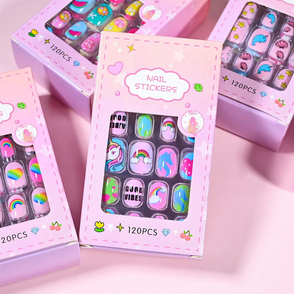 120 unids/set lindo dibujo en uñas Rosa degradado fresa princesa amor corazón estrellas puntas de uñas decoraciones de uñas para niñas