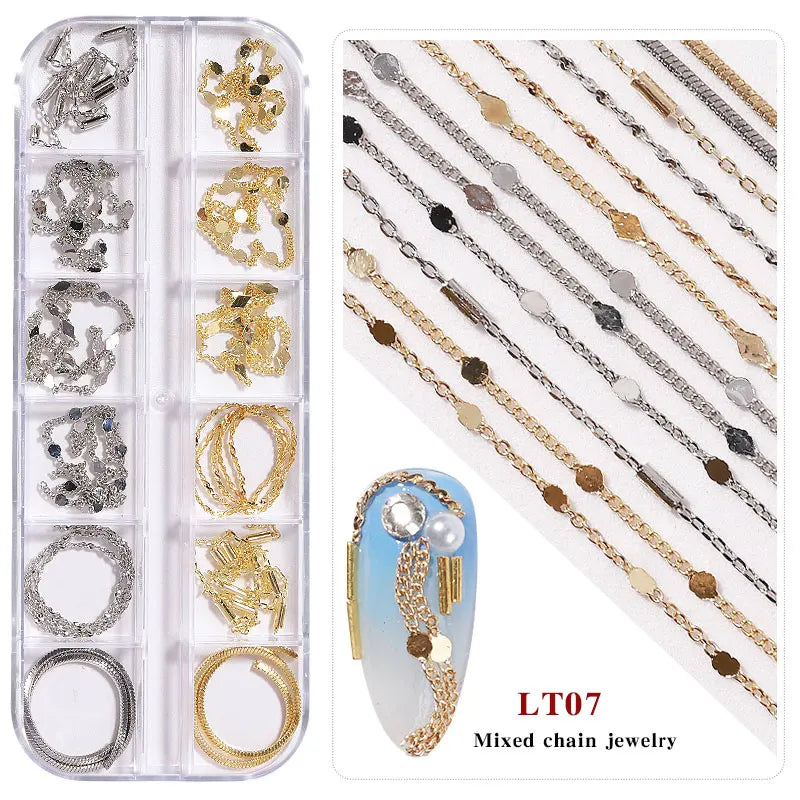 Misscheering-cadena de uñas de estilo mixto, 12 rejillas, joyería para decoración artística DIY, accesorios de uñas de Metal a la moda para diseño de manicura