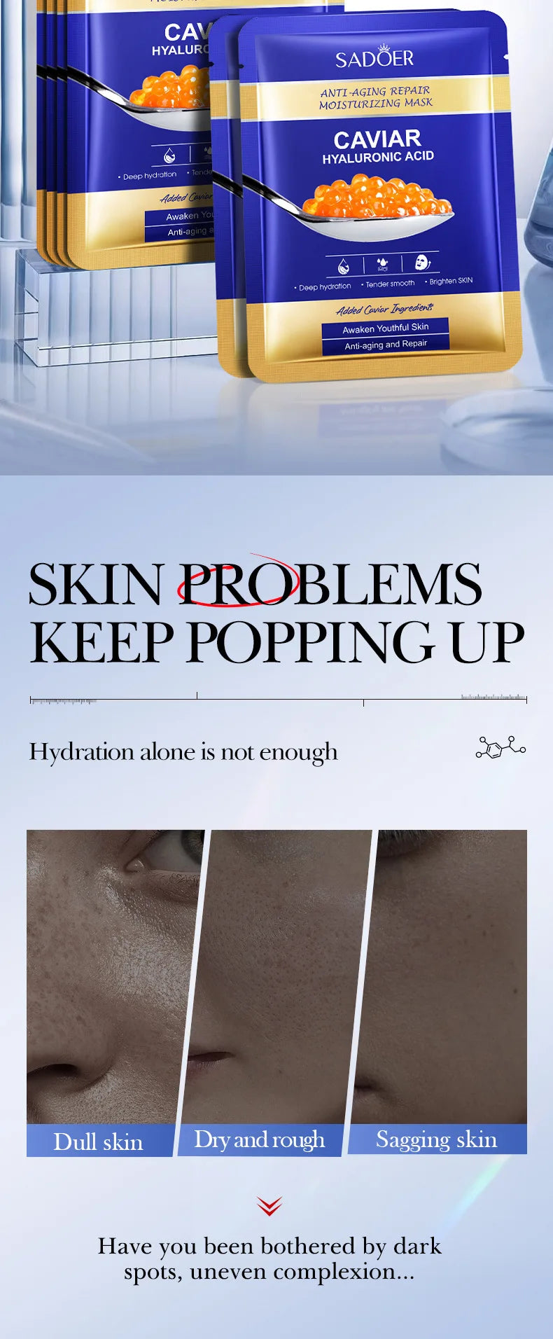 5 uds SADOER Caviar ácido hialurónico mascarillas faciales hidratantes brillo reafirmante mascarilla Facial hidratante productos para el cuidado de la piel Facial