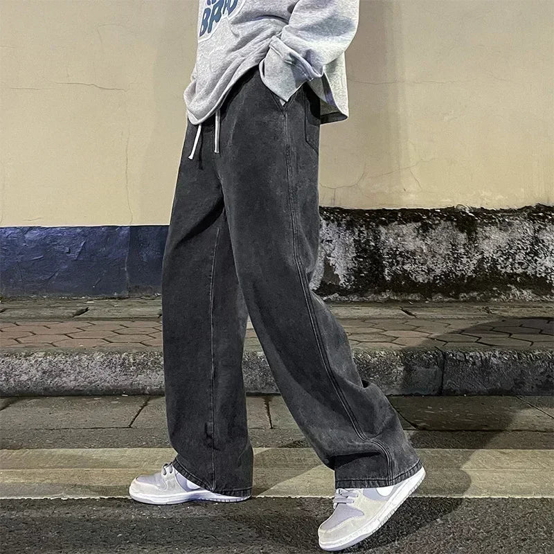 Ropa de calle de estilo coreano, nueva moda, pantalones vaqueros informales holgados para hombre, pantalones vaqueros Harajuku de calle alta, pantalones de marca para hombre, negro, gris y azul