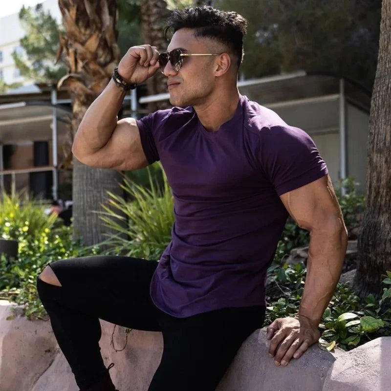Camiseta de entrenamiento muscular, camiseta de manga corta de entrenamiento de verano para hombre, camiseta de fitness de algodón de alta calidad para hombre, camisetas de color sólido para gimnasio