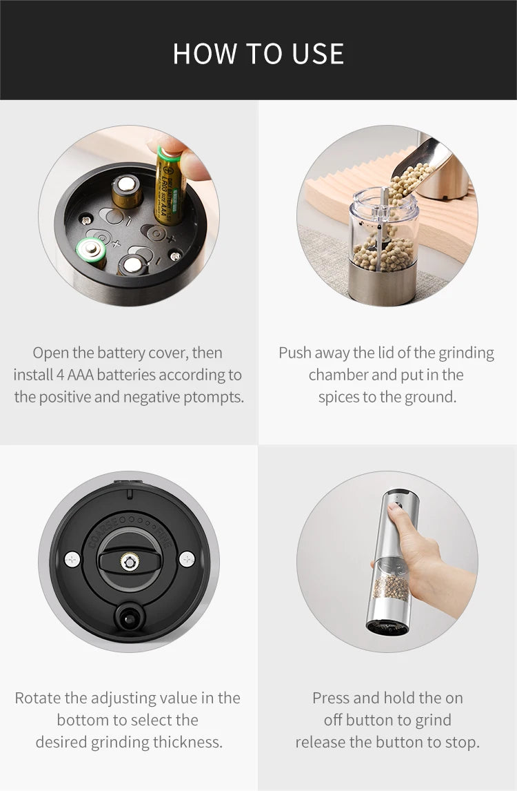 Molinillo Eléctrico automático de pimienta y sal con luz LED, molinillo ajustable sin aspereza, herramientas de cocina