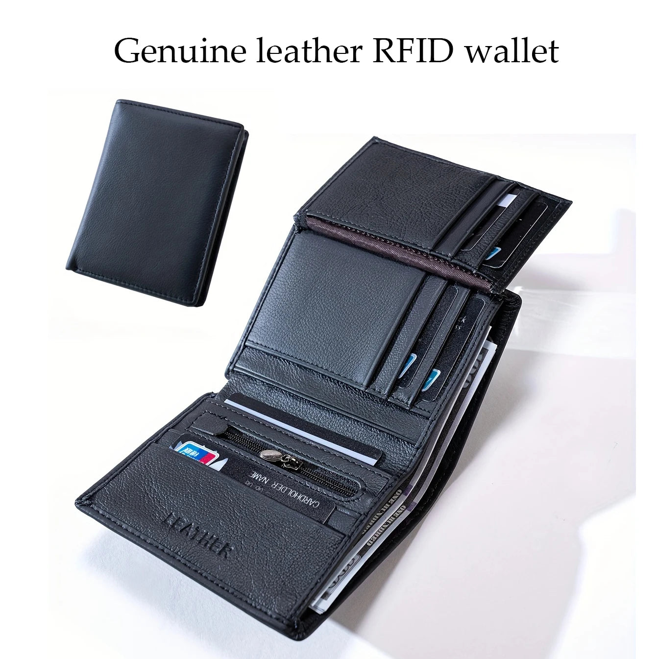 Cartera para hombre, billeteras de cuero genuino para hombre, monedero con cremallera, billeteras de negocios verticales, tarjetero antirrobo RFID, monedero