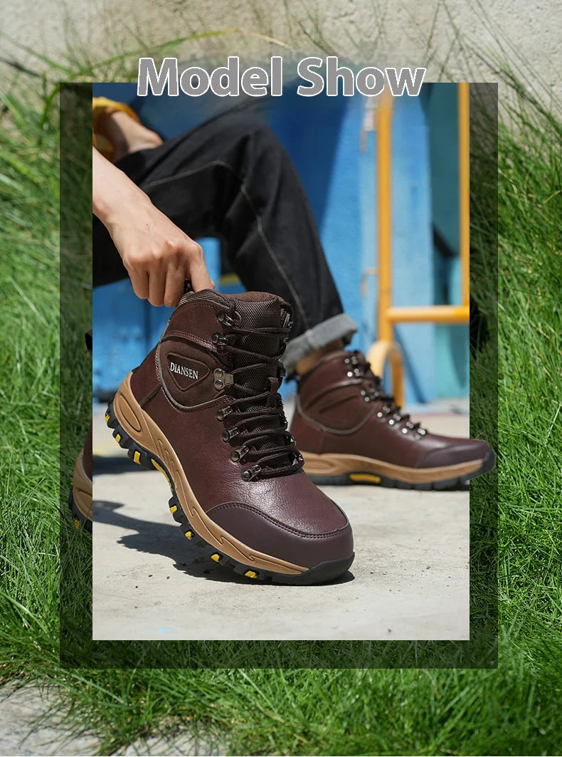 Botas de seguridad de trabajo indestructibles de cuero impermeables para hombre, botas militares para exteriores, zapatos industriales antigolpes y antipinchazos para hombre