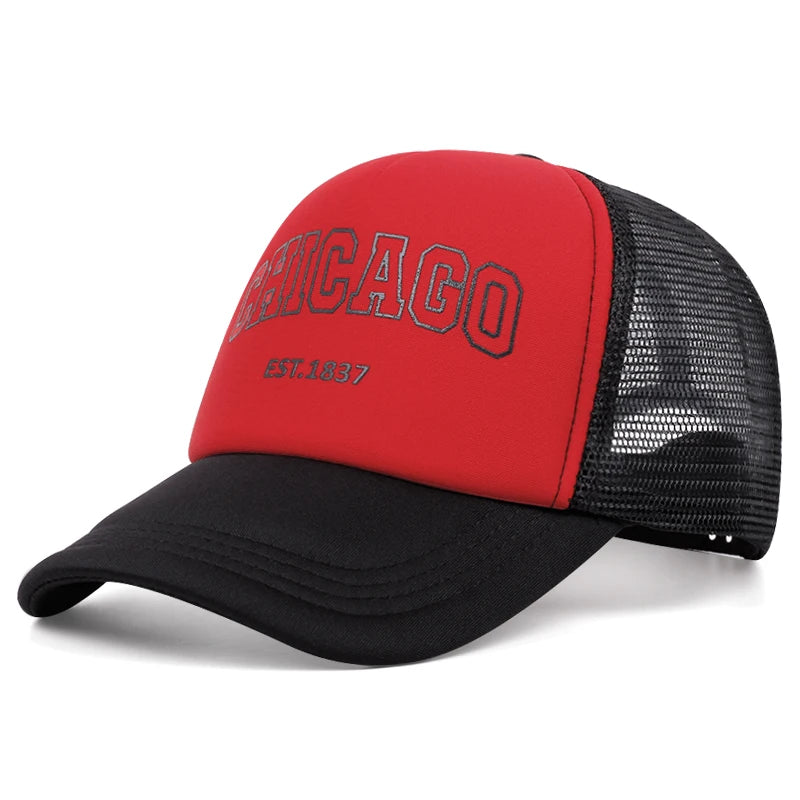Gorra de béisbol de malla de verano para hombre, gorra Snapback con letras Chicago para deportes al aire libre para mujer, gorras transpirables Unisex, gorras de camionero de Hip Hop