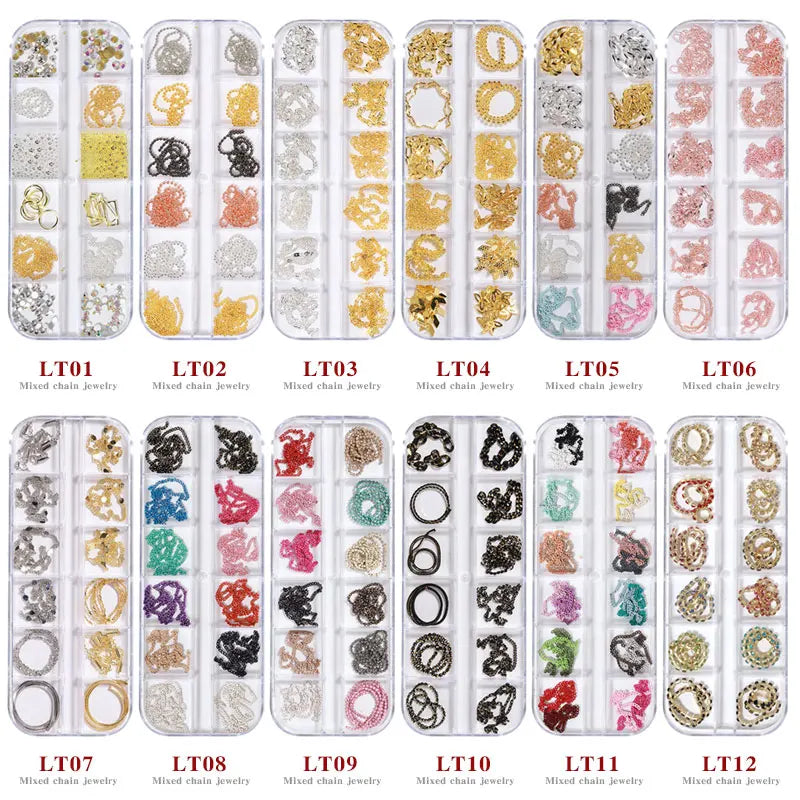 Misscheering-cadena de uñas de estilo mixto, 12 rejillas, joyería para decoración artística DIY, accesorios de uñas de Metal a la moda para diseño de manicura