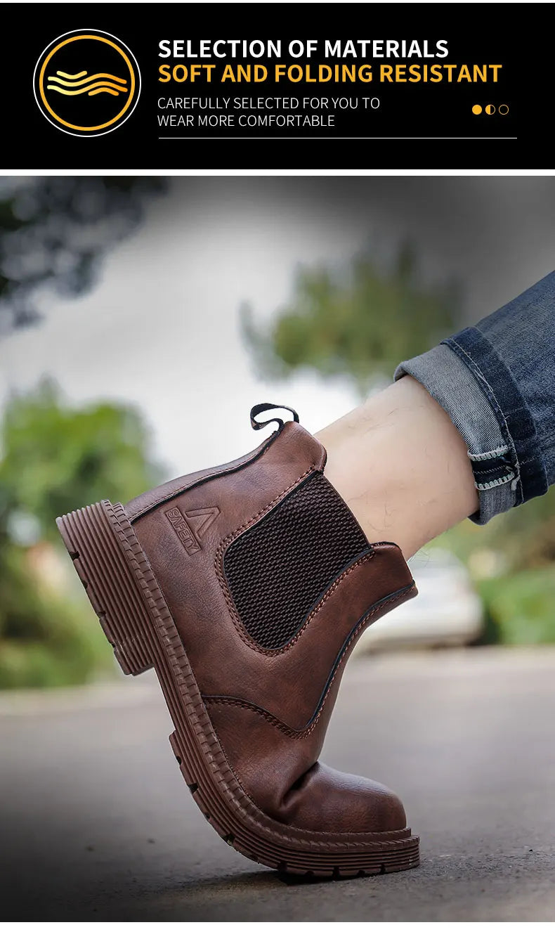 Botas de trabajo Lerther para hombre, zapatos de seguridad indestructibles, zapatillas de trabajo a prueba de pinchazos con punta de acero, zapatos de trabajo para hombre