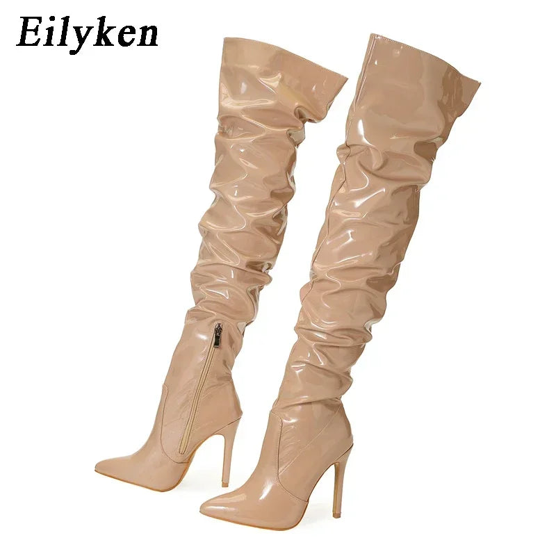 Eilyken-Botas por encima de la rodilla plisadas de charol para mujer, zapatos hasta el muslo con cremallera y punta estrecha, a la moda, alta calidad