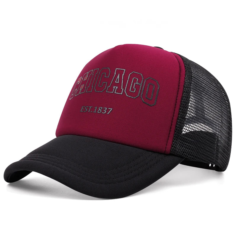 Gorra de béisbol de malla de verano para hombre, gorra Snapback con letras Chicago para deportes al aire libre para mujer, gorras transpirables Unisex, gorras de camionero de Hip Hop