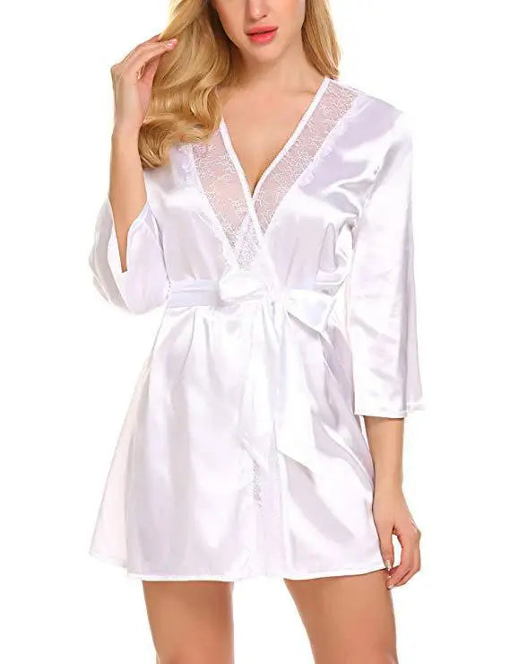 Bata de satén de encaje Sexy para mujer, ropa de dormir, camisón corto, Kimono, albornoz, lencería, camisón, vestido suave y cómodo negro de talla grande