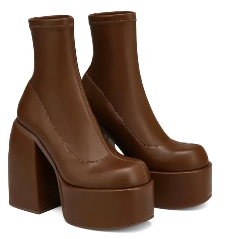Botas modernas con tacones de plataforma para mujer, botas de cuero con punta redonda, tacones gruesos, zapatos de tacón de bloque de diseñador con cremallera, zapatos informales a la moda para chicas