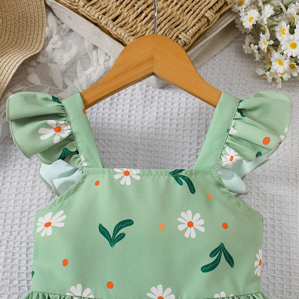 Vestido de verano para niña con estampado de plantas y mangas con mosca pequeña
