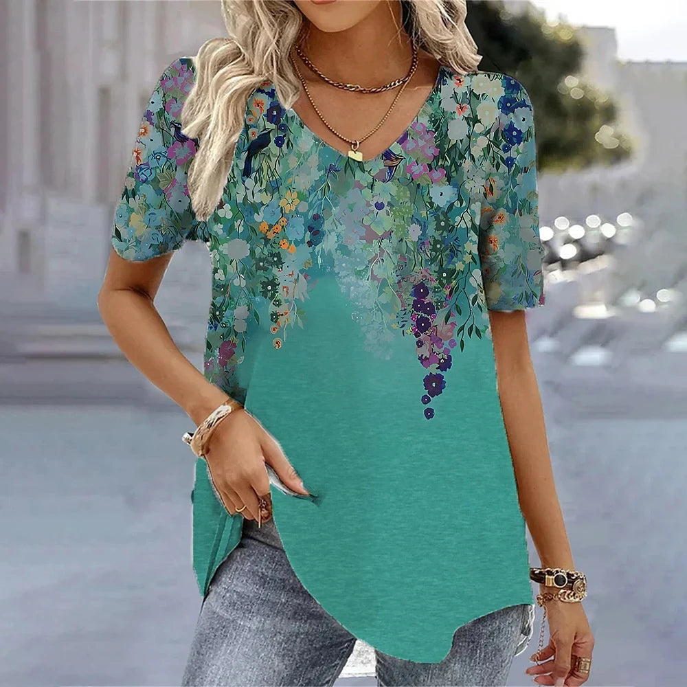 Camiseta con cuello en V para mujer, camiseta de manga corta con estampado 3D, camiseta informal holgada en blanco y negro, ropa de calle a la moda, jersey para mujer