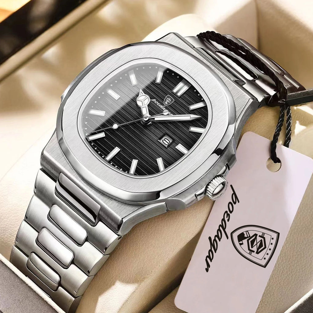 Reloj de pulsera cuadrado de lujo POEDAGAR para hombre, resistente al agua, luminoso, con fecha, de acero inoxidable, deportivo, de cuarzo, para hombre.