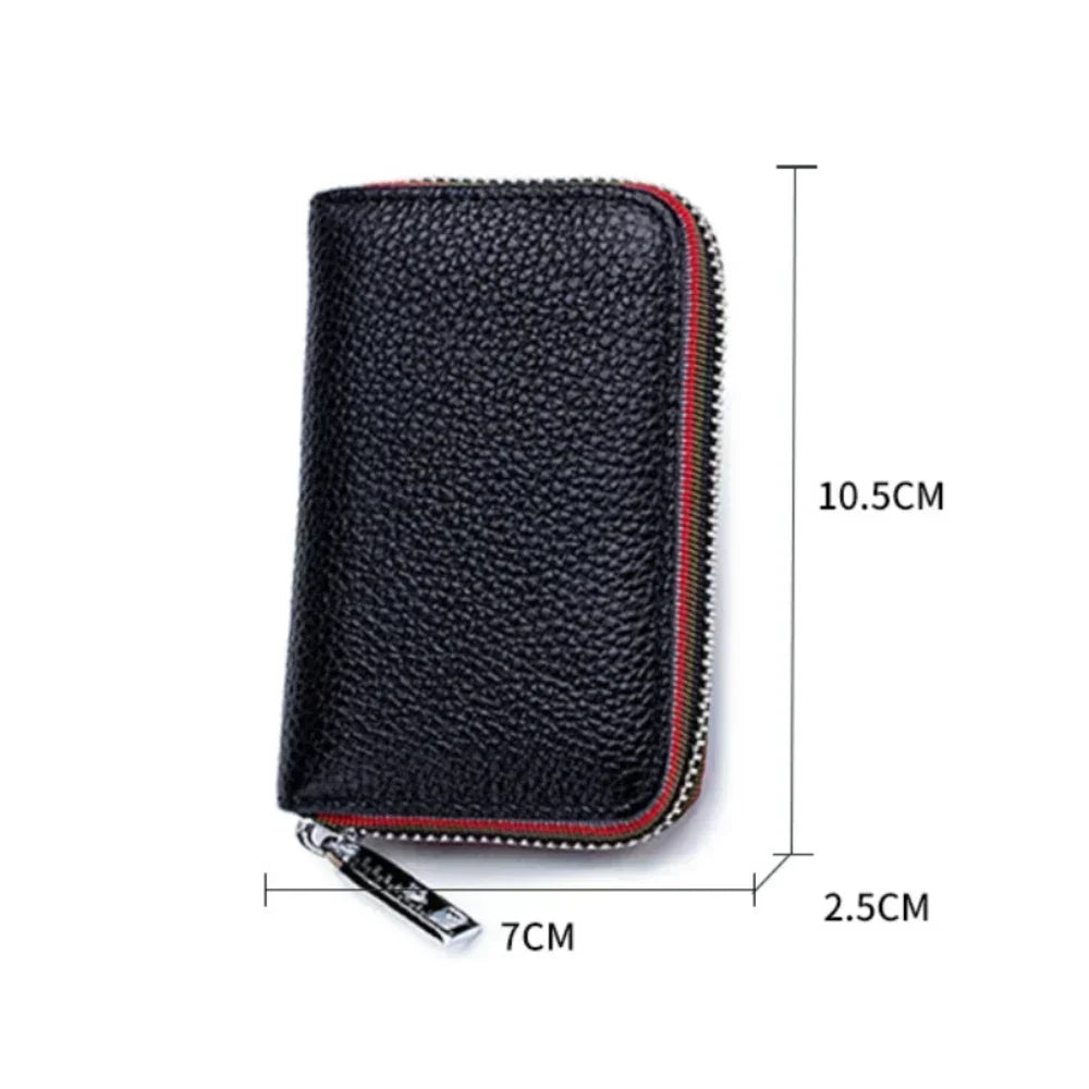 Tarjetero de cuero genuino para hombre y mujer, cartera pequeña con cremallera, monedero sólido, diseño de acordeón, identificación Rfid, bolsas para tarjetas de crédito comerciales