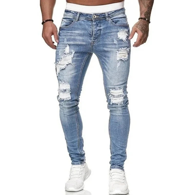 Pantalones vaqueros ajustados rasgados de estilo callejero a la moda para hombre, pantalones vaqueros lisos con lavado Vintage, pantalones vaqueros ajustados informales para hombre, gran oferta