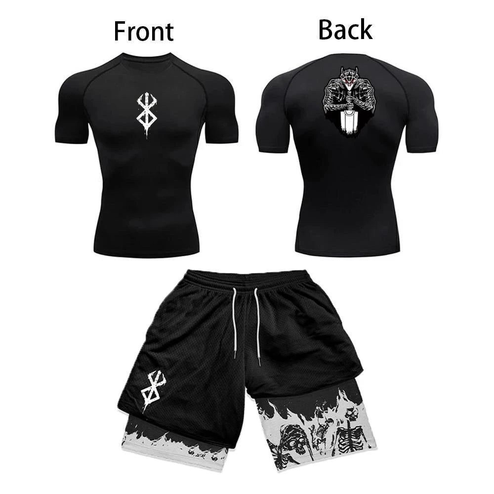 Conjunto de compresión con estampado 3D de Anime para hombre, Top de gimnasio de manga corta + pantalones cortos de entrenamiento, conjunto de protección contra sarpullidos transpirable de secado rápido