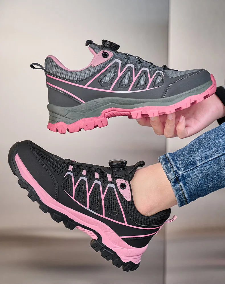 Zapatos de seguridad para el trabajo para mujer, zapatillas de trabajo con punta de acero, botón giratorio, transpirables, antideslizantes, protección a prueba de pinchazos, botas de seguridad rosas