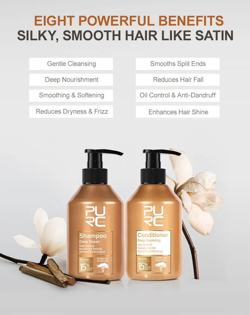 PURC-tratamiento para el cabello dañado, aceite de argán marroquí, aminoácido, queratina, suavizante, champú sin sulfato, acondicionador, juego de cabello para coche