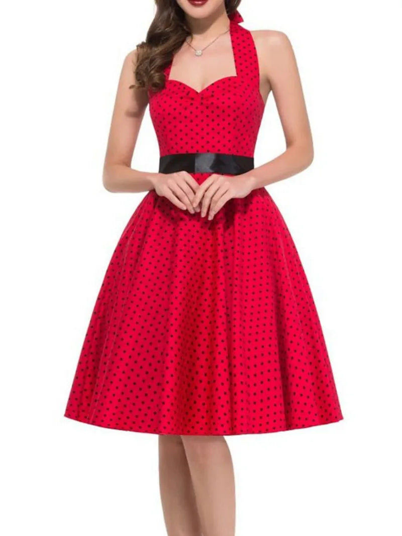 Elegante Vestido de Mujer con Estampado de Puntos, Estilo Hepburn de los Años 50 y 60, Vestido Vintage Sexy con Cuello Halter, Estilo Rockabilly Retro para Fiesta u Oficina, Vestido Pinup 2026