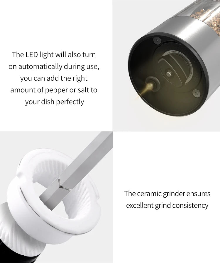Molinillo Eléctrico automático de pimienta y sal con luz LED, molinillo ajustable sin aspereza, herramientas de cocina