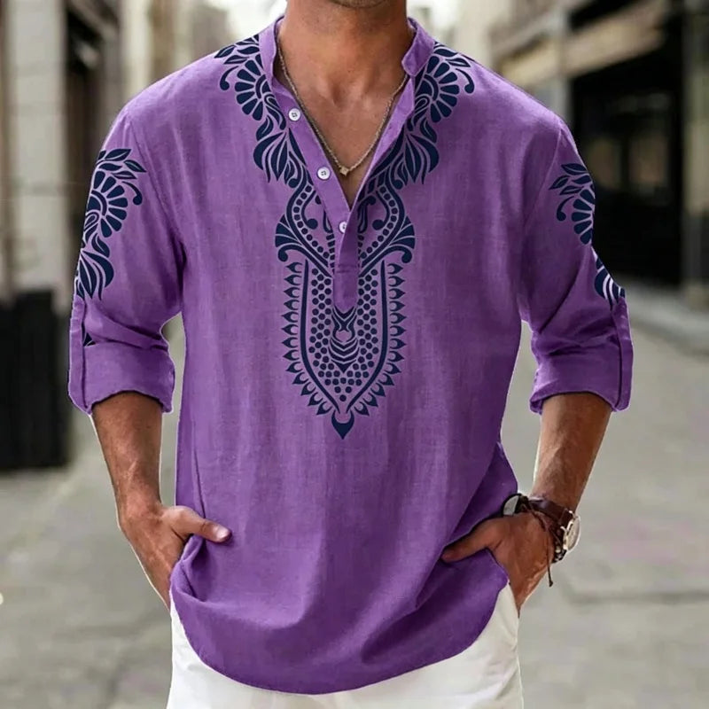 Camisa Henley de Lino para Hombre, Estilo Bohemio, Estampado Étnico Tribal, Manga 3/4, Cuello en V, Corte Holgado Informal, Blusa de Playa