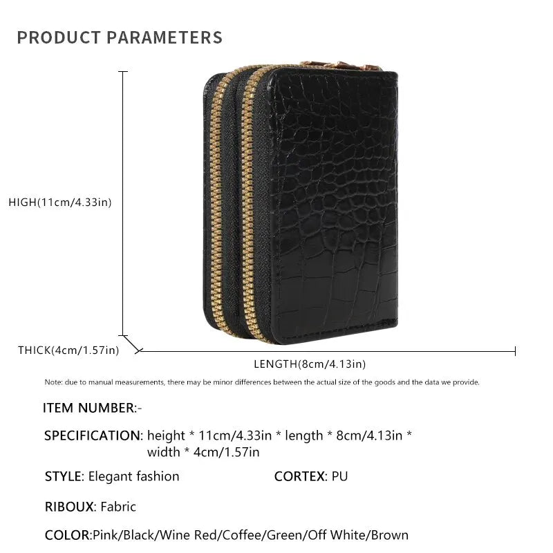 Cartera elegante para mujer con múltiples tarjetas: bolso de mano seguro con doble cremallera |   Monedero casual de cuero PU con bolso de tarjeta de cocodrilo de almacenamiento de estilo