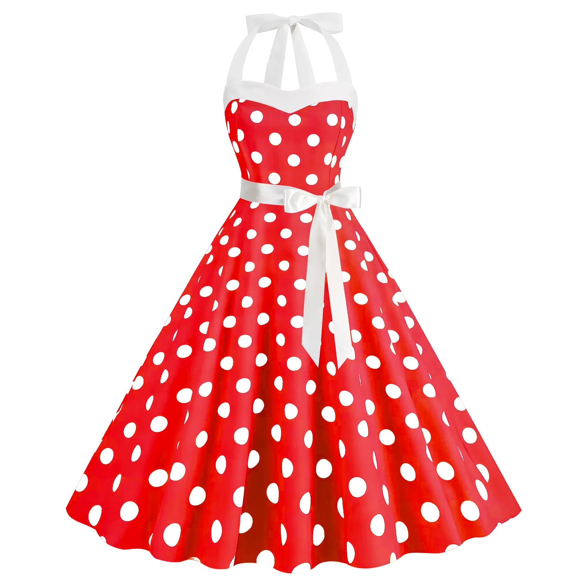 Elegante Vestido de Mujer con Estampado de Puntos, Estilo Hepburn de los Años 50 y 60, Vestido Vintage Sexy con Cuello Halter, Estilo Rockabilly Retro para Fiesta u Oficina, Vestido Pinup 2026