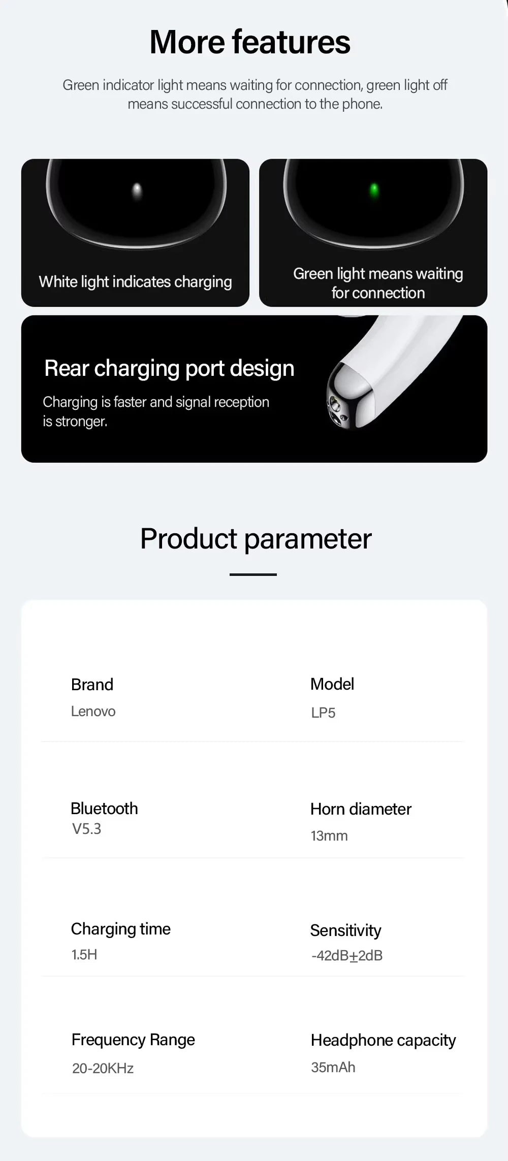 Choice Lenovo LP5 auriculares inalámbricos con Bluetooth, auriculares de música HiFi, Auriculares deportivos impermeables con micrófono, auriculares de negocios