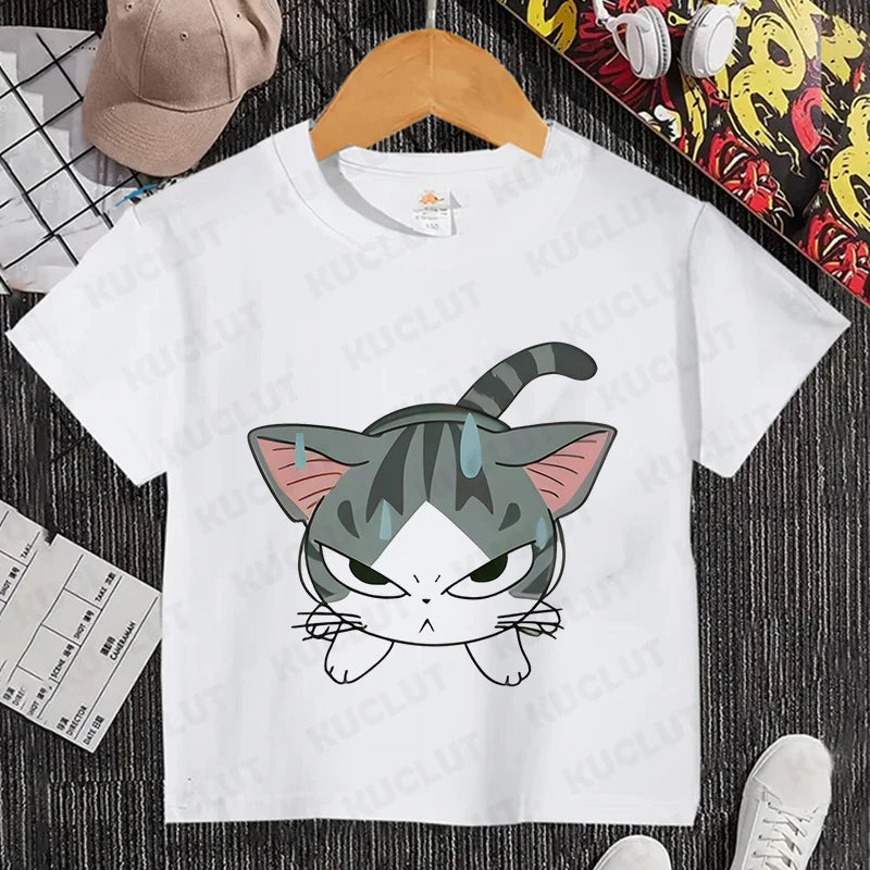 Camiseta con estampado de gato para niños y niñas, camiseta de dibujos animados, camiseta informal de manga corta, ropa cómoda y divertida para verano