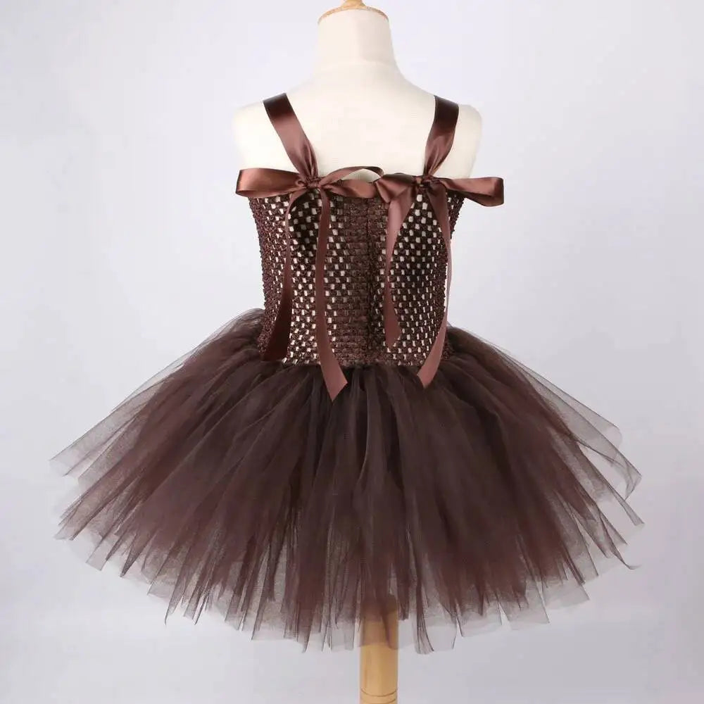Vestido tutú de oso marrón para niñas, disfraz de Animal de Halloween, traje de Navidad y cumpleaños para niños, ropa para niños con orejas y cola de lazo