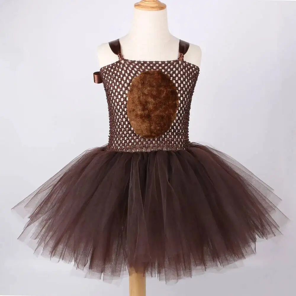 Vestido tutú de oso marrón para niñas, disfraz de Animal de Halloween, traje de Navidad y cumpleaños para niños, ropa para niños con orejas y cola de lazo