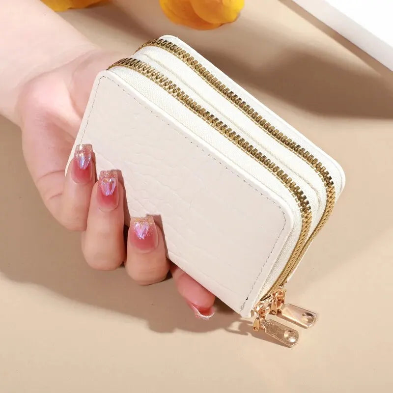 Cartera elegante para mujer con múltiples tarjetas: bolso de mano seguro con doble cremallera |   Monedero casual de cuero PU con bolso de tarjeta de cocodrilo de almacenamiento de estilo