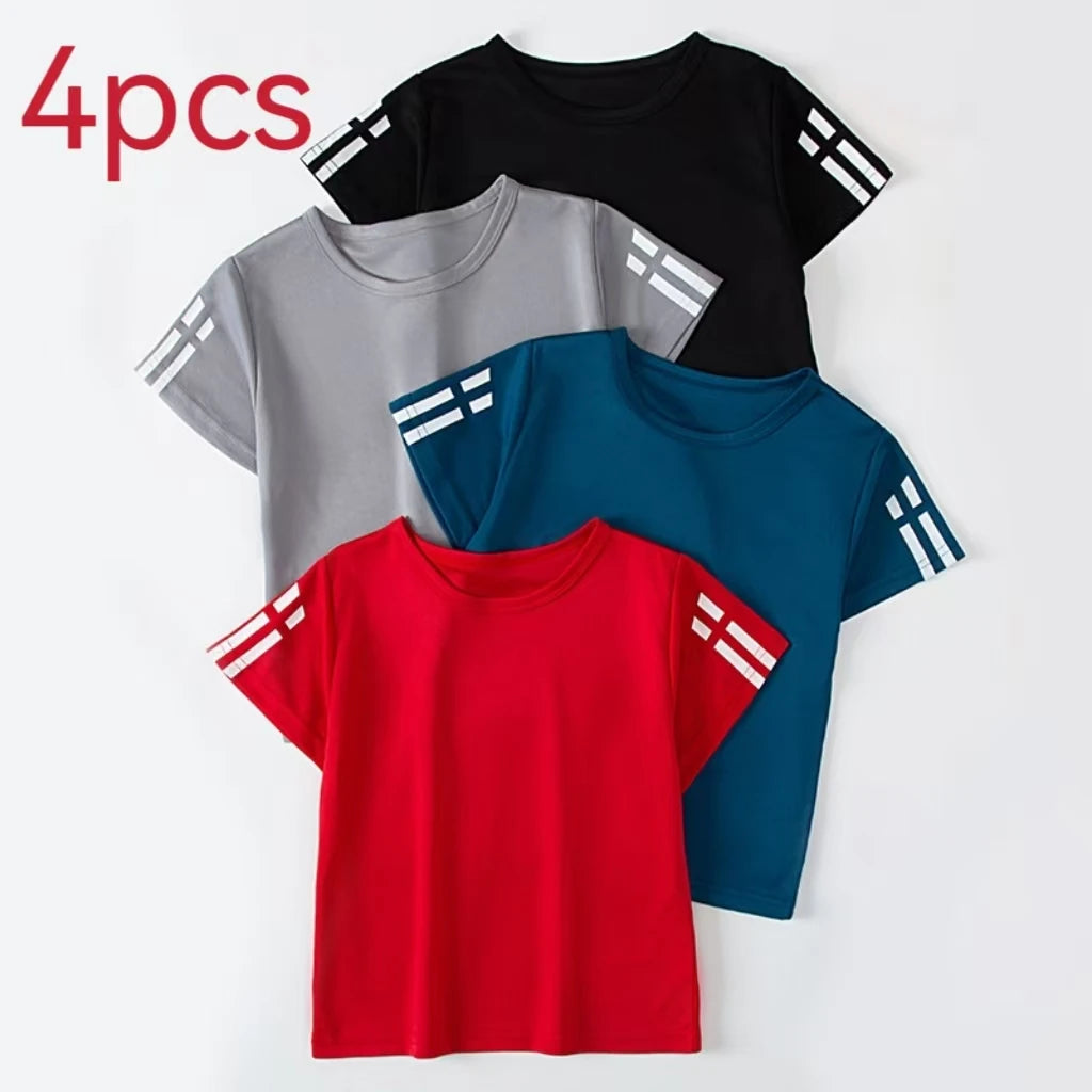 Paquete de 1/4 de verano para niños, deportes de secado rápido, manga corta, Color sólido, Joker, camisa informal de talla grande, camiseta para correr para niños y niñas