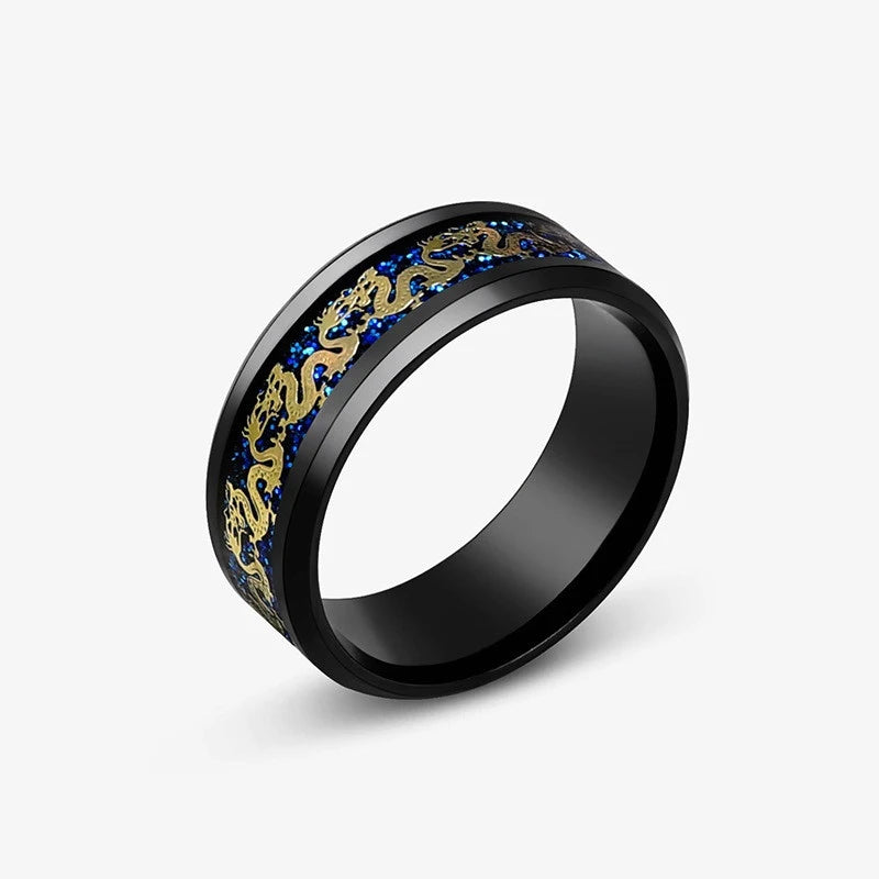 Anillos con diseño de dragón dominante de acero inoxidable de 8mm para hombres y mujeres, anillo Punk con incrustaciones de fibra de carbono azul, bagues pour femme