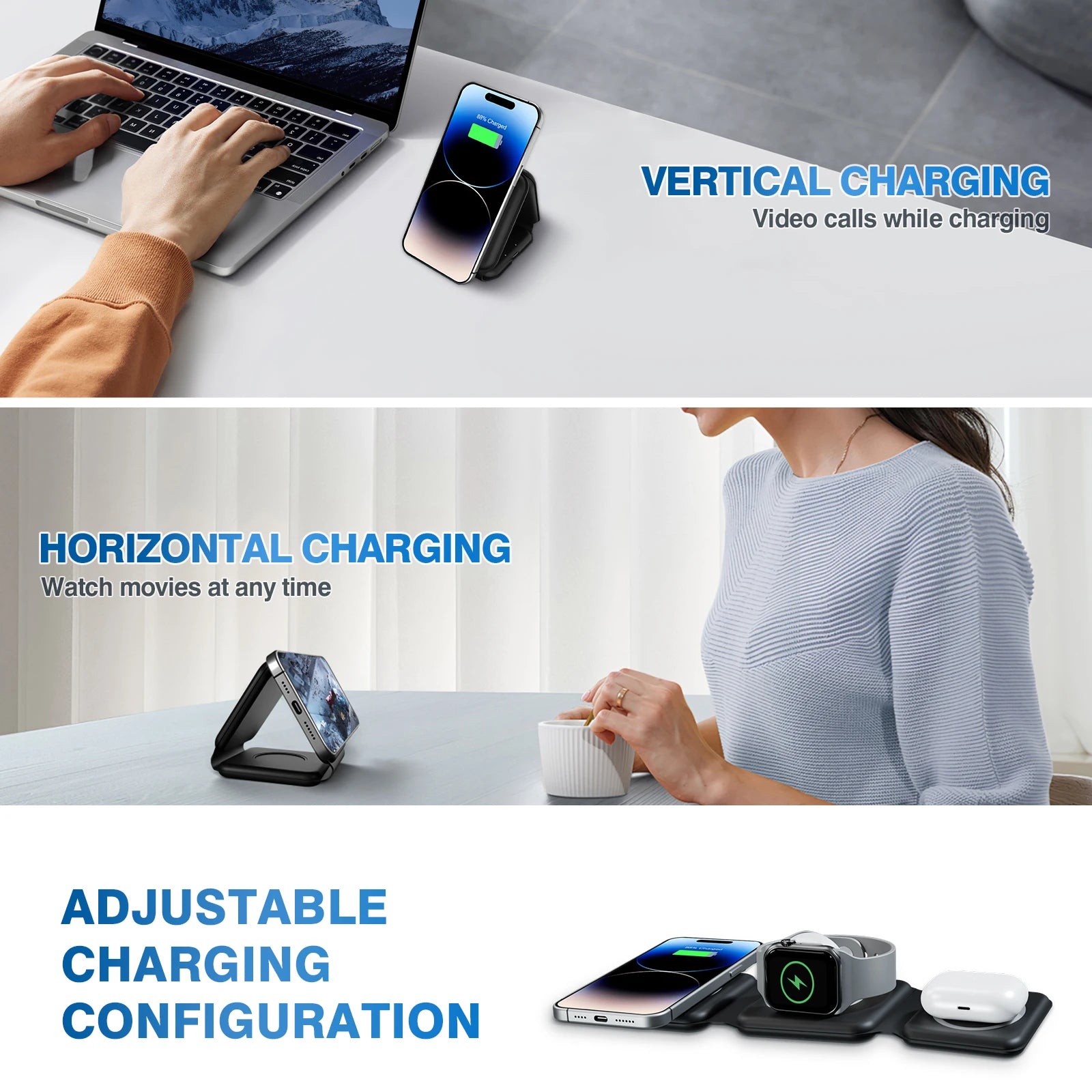 Cargadores inalámbricos magnéticos de 15W, base de carga plegable 3 en 1 para teléfono, carga rápida de viaje para Apple Watch IPhone 14/13/12/11/X AirPods