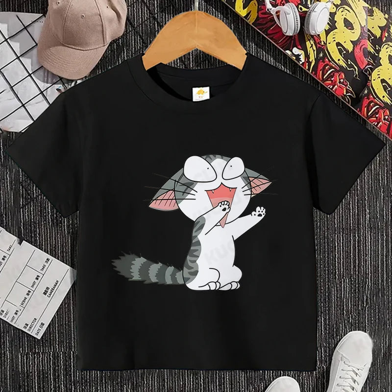 Camiseta con estampado de gato para niños y niñas, camiseta de dibujos animados, camiseta informal de manga corta, ropa cómoda y divertida para verano