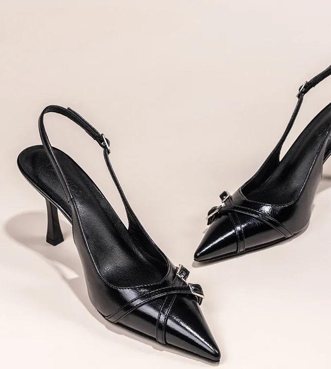 Nuevos zapatos de tacón alto con punta estrecha a la moda, zapatos de tacón alto con hebilla elegante decorada, zapatos de mujer negros de aguja NO: 602