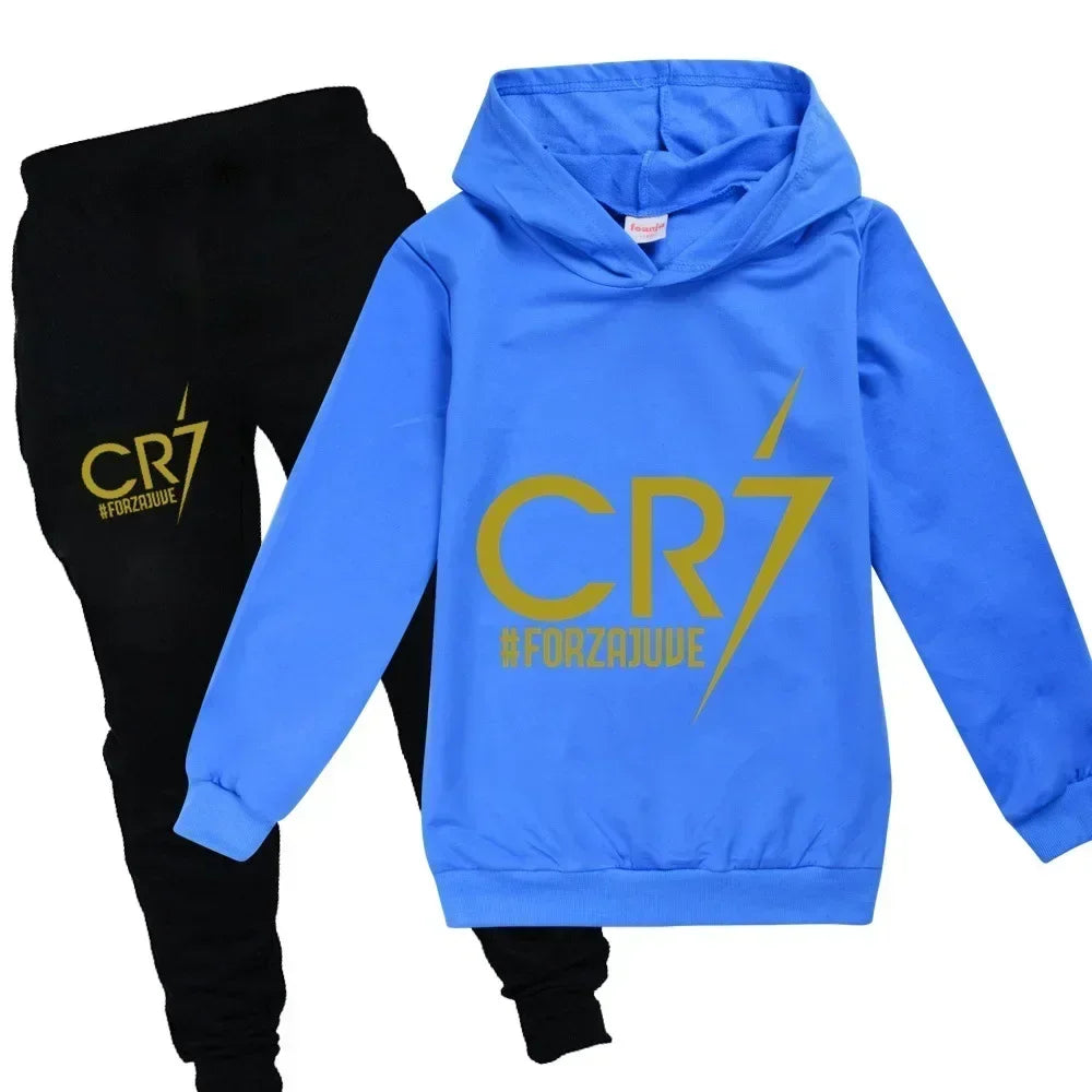 Ropa de primavera y otoño para niños, regalos de vacaciones, chándal de fútbol con estampado CR7, Sudadera con capucha y pantalones, conjunto de 2 uds para niño y niña de 3 a 12 años
