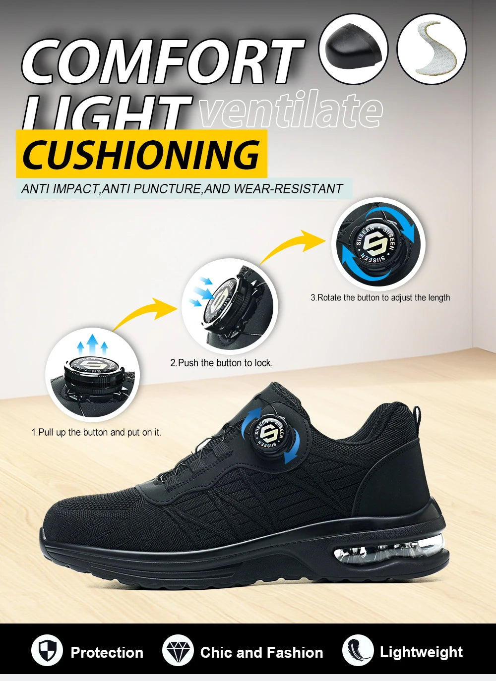 Nuevos zapatos de seguridad con hebilla giratoria para hombre, botas de trabajo ligeras antiimpacto y antiperforación, diseño deportivo de moda para exteriores profesionales