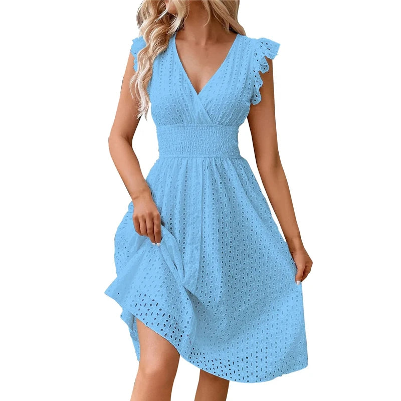 Vestido de playa con cuello en V para mujer, vestido de verano con manga acampanada, Color sólido, cintura de encaje hueca, vestidos informales para vacaciones en la playa