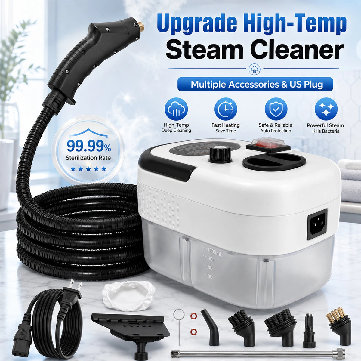 Limpiador a Vapor de Alta Temperatura de 2500W, 110V, Portátil, con Múltiples Accesorios, Enchufe Estadounidense