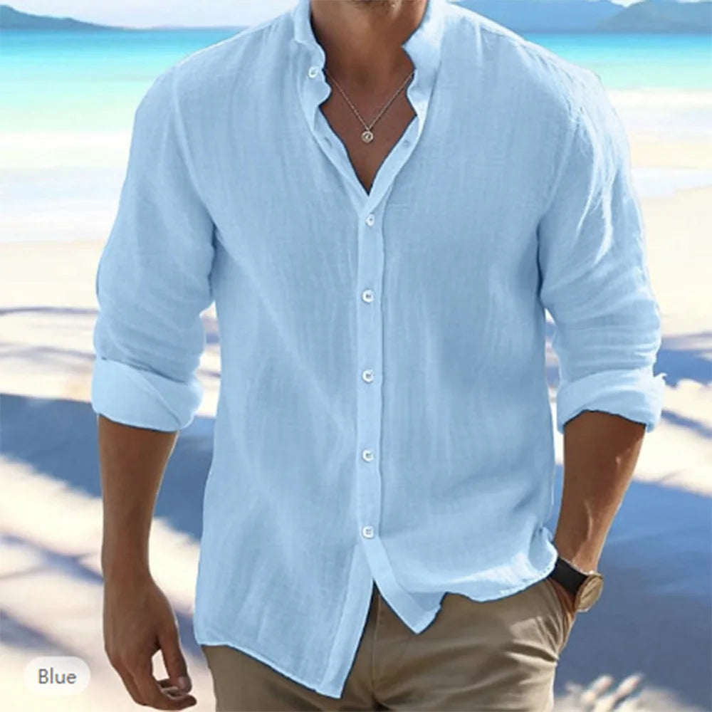 Camisas de manga larga para hombre, gran oferta de lino y algodón, Color sólido, cuello levantado, estilo informal de playa de talla grande, verano