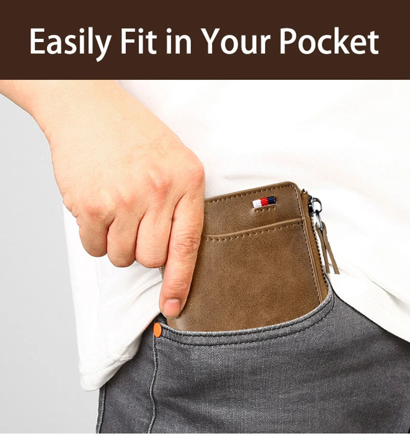 Cartera para hombre, tarjetero de cuero, monedero con cremallera, carteras de lujo para hombre, monederos con protección RFID, cartera Masculina de lujo