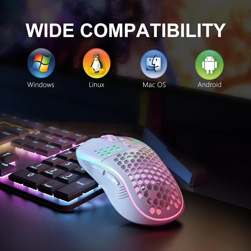 Ratón inalámbrico RGB 2,4G para juegos, ratón de carga con iluminación RGB y diseño ergonómico de panal de DPI ajustable para ordenador portátil de escritorio