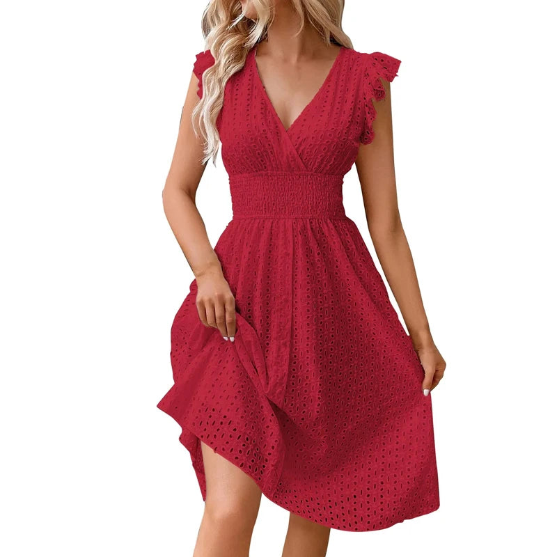 Vestido de playa con cuello en V para mujer, vestido de verano con manga acampanada, Color sólido, cintura de encaje hueca, vestidos informales para vacaciones en la playa