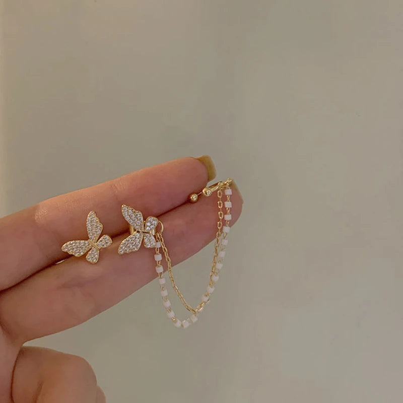 Pendientes de tuerca de mariposa con diamantes de imitación para mujer y niña, joyería de cadena de Metal, regalos