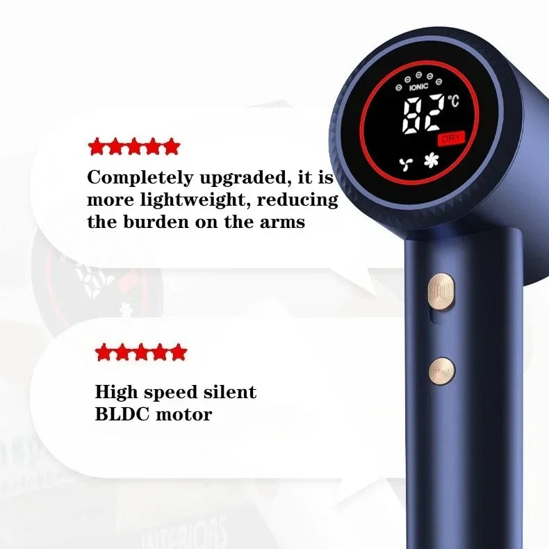 Secador de Pelo Portátil de Alta Velocidad con Iones Negativos para Uso Doméstico, Sin Aspas, Silencioso, Ligero, Cuidado del Cabello, Motor BLDC de 1500W, Pantalla Digital